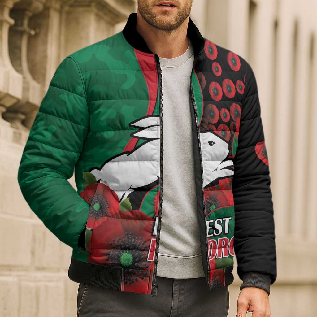 South Sydney Rabbitohs ANZAC Personalised Bomber Puffer Jacket Lest We Forget Poppy Camo