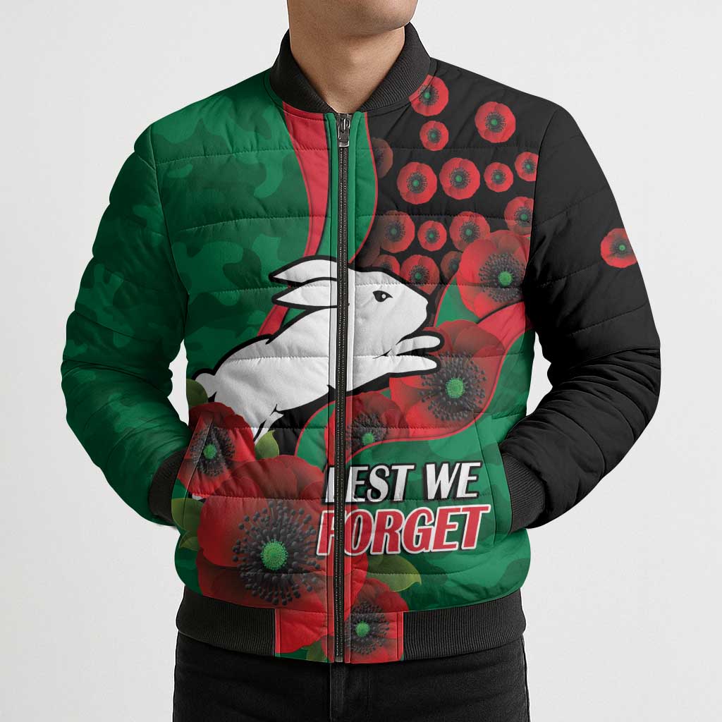 South Sydney Rabbitohs ANZAC Personalised Bomber Puffer Jacket Lest We Forget Poppy Camo