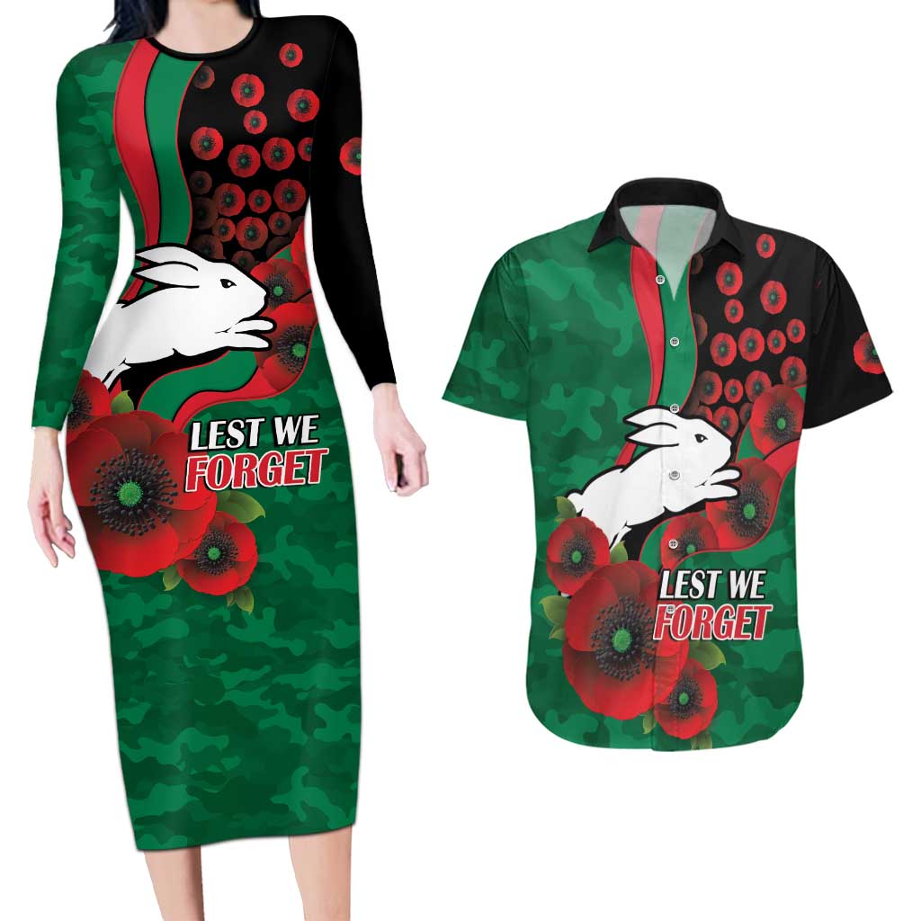 South Sydney Rabbitohs ANZAC Personalised Couples Matching Long Sleeve Bodycon Dress and Hawaiian Shirt Lest We Forget Poppy Camo