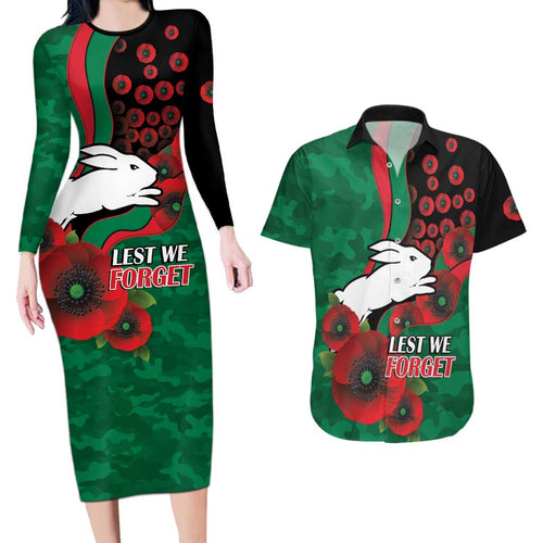 South Sydney Rabbitohs ANZAC Personalised Couples Matching Long Sleeve Bodycon Dress and Hawaiian Shirt Lest We Forget Poppy Camo