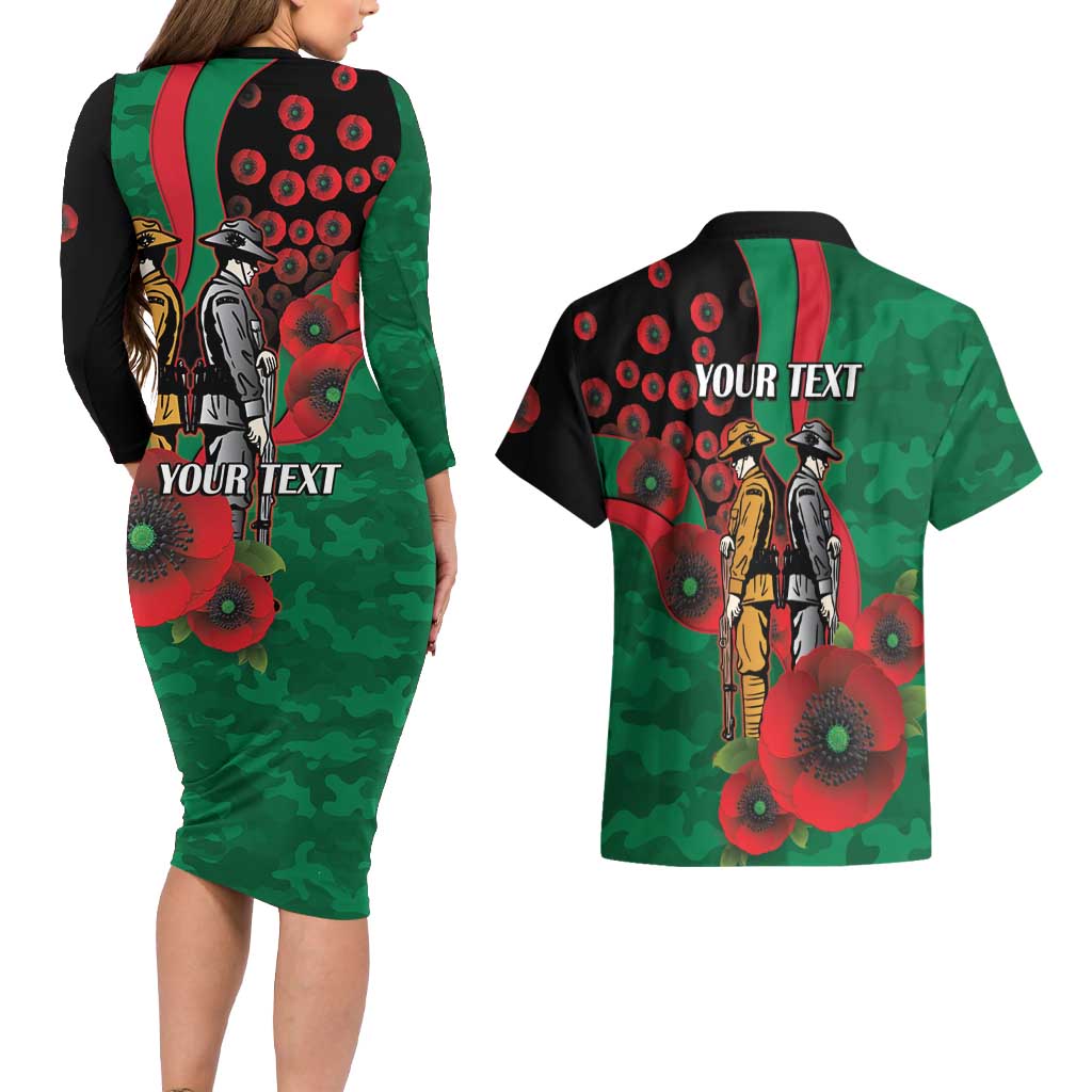 South Sydney Rabbitohs ANZAC Personalised Couples Matching Long Sleeve Bodycon Dress and Hawaiian Shirt Lest We Forget Poppy Camo