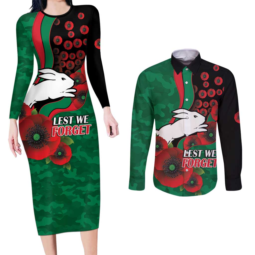 South Sydney Rabbitohs ANZAC Personalised Couples Matching Long Sleeve Bodycon Dress and Long Sleeve Button Shirt Lest We Forget Poppy Camo