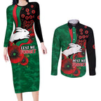 South Sydney Rabbitohs ANZAC Personalised Couples Matching Long Sleeve Bodycon Dress and Long Sleeve Button Shirt Lest We Forget Poppy Camo