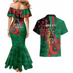 South Sydney Rabbitohs ANZAC Personalised Couples Matching Mermaid Dress and Hawaiian Shirt Lest We Forget Poppy Camo