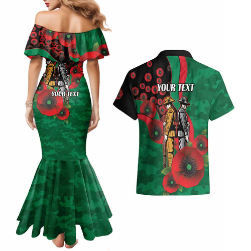 South Sydney Rabbitohs ANZAC Personalised Couples Matching Mermaid Dress and Hawaiian Shirt Lest We Forget Poppy Camo