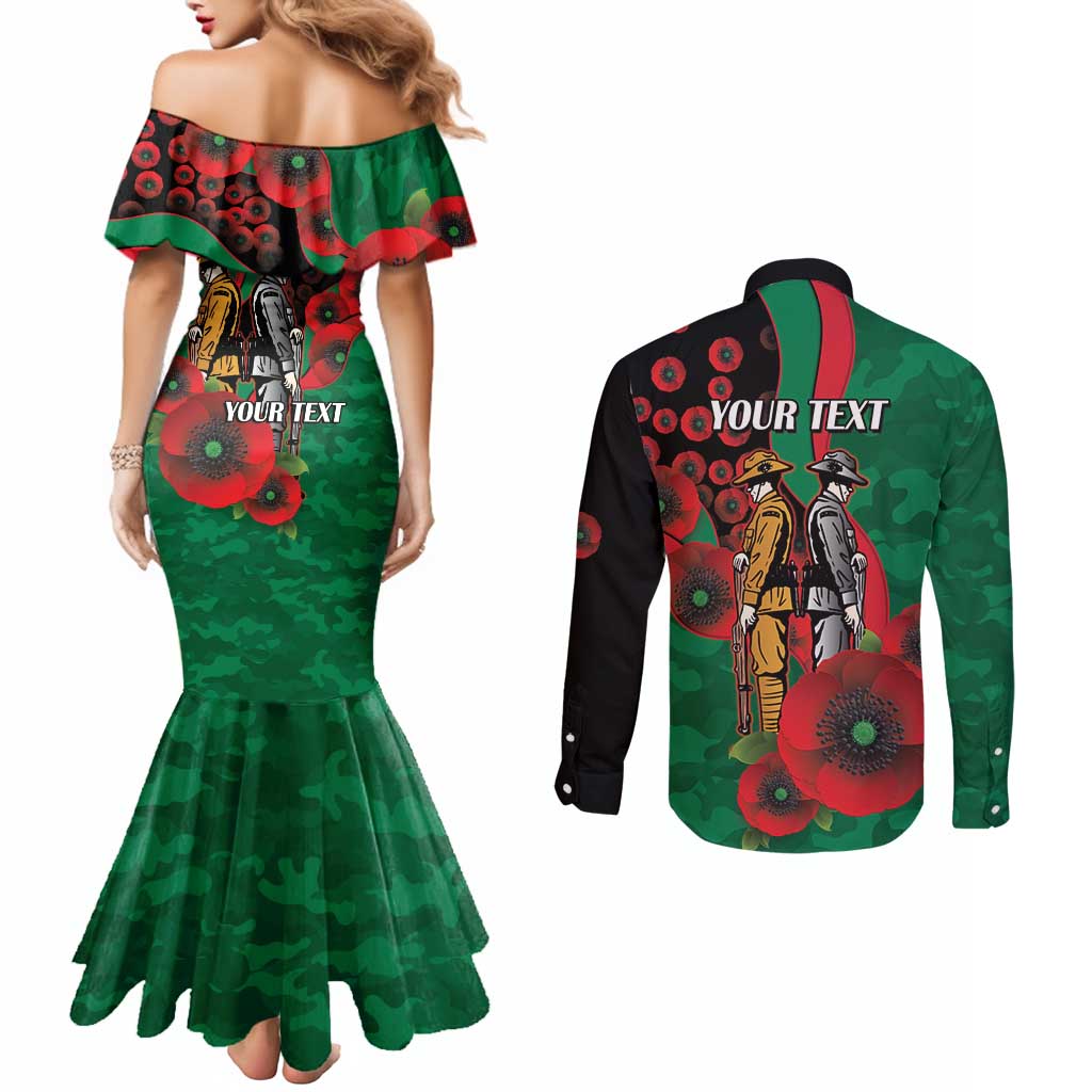 South Sydney Rabbitohs ANZAC Personalised Couples Matching Mermaid Dress and Long Sleeve Button Shirt Lest We Forget Poppy Camo