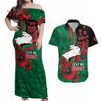 South Sydney Rabbitohs ANZAC Personalised Couples Matching Off Shoulder Maxi Dress and Hawaiian Shirt Lest We Forget Poppy Camo