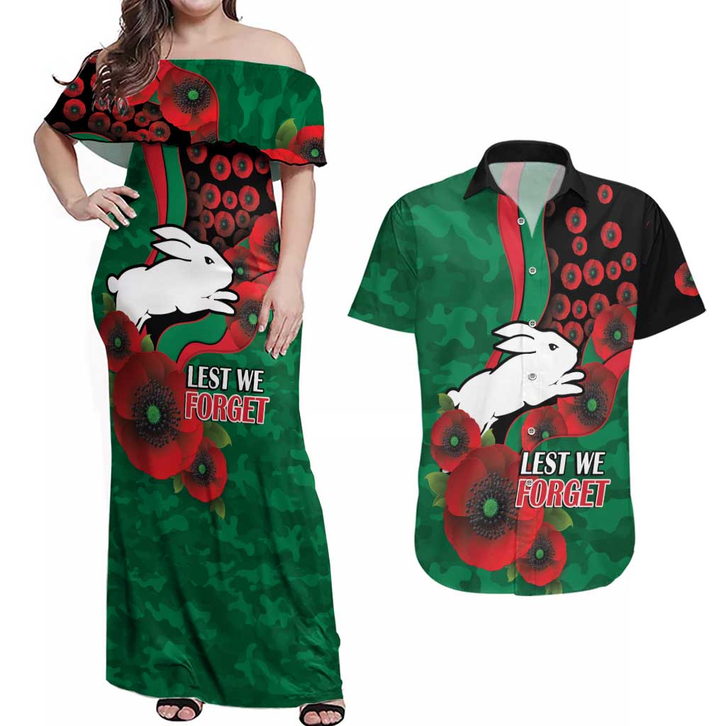 South Sydney Rabbitohs ANZAC Personalised Couples Matching Off Shoulder Maxi Dress and Hawaiian Shirt Lest We Forget Poppy Camo