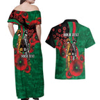 South Sydney Rabbitohs ANZAC Personalised Couples Matching Off Shoulder Maxi Dress and Hawaiian Shirt Lest We Forget Poppy Camo
