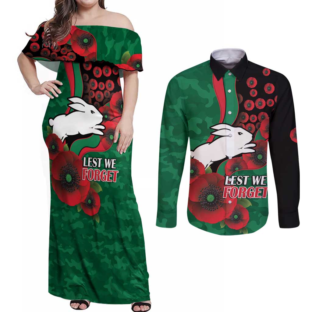 South Sydney Rabbitohs ANZAC Personalised Couples Matching Off Shoulder Maxi Dress and Long Sleeve Button Shirt Lest We Forget Poppy Camo