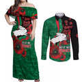 South Sydney Rabbitohs ANZAC Personalised Couples Matching Off Shoulder Maxi Dress and Long Sleeve Button Shirt Lest We Forget Poppy Camo
