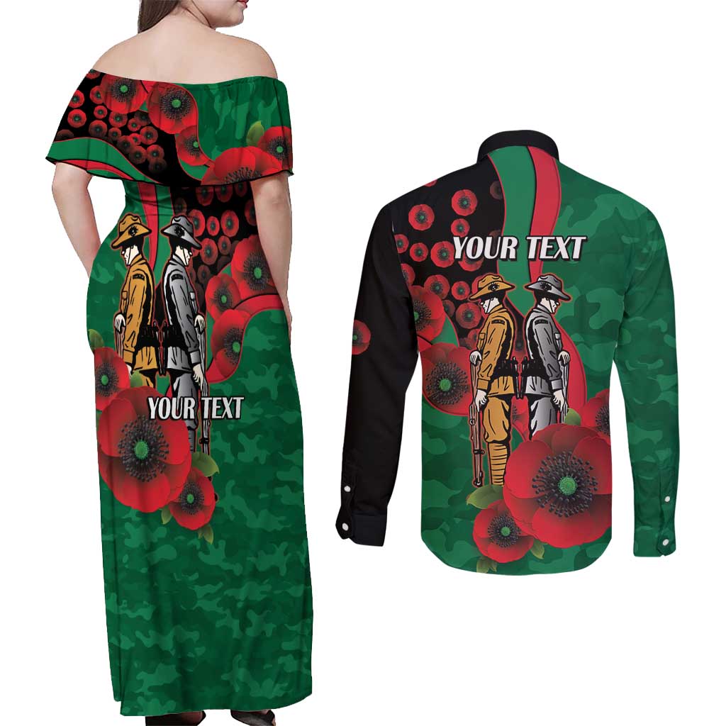 South Sydney Rabbitohs ANZAC Personalised Couples Matching Off Shoulder Maxi Dress and Long Sleeve Button Shirt Lest We Forget Poppy Camo