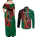 South Sydney Rabbitohs ANZAC Personalised Couples Matching Off Shoulder Maxi Dress and Long Sleeve Button Shirt Lest We Forget Poppy Camo