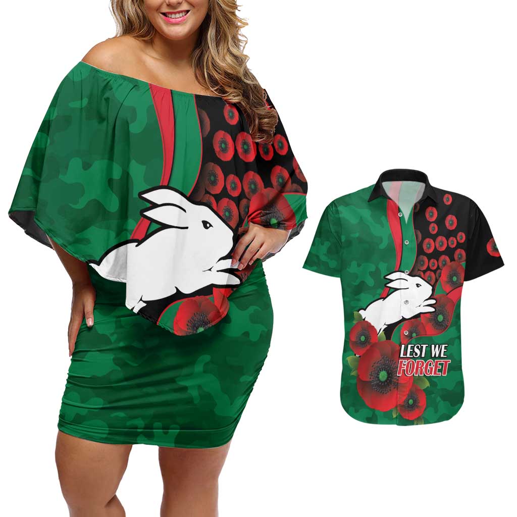 South Sydney Rabbitohs ANZAC Personalised Couples Matching Off Shoulder Short Dress and Hawaiian Shirt Lest We Forget Poppy Camo