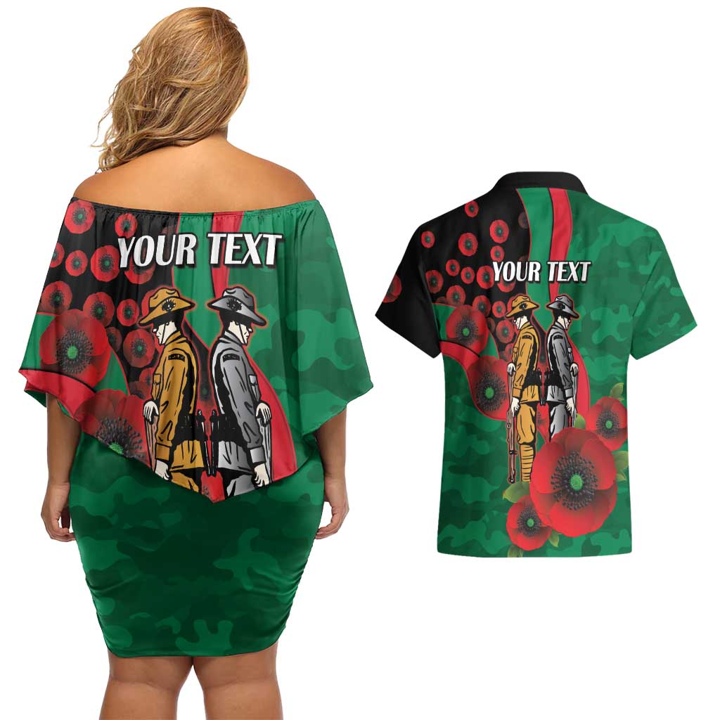 South Sydney Rabbitohs ANZAC Personalised Couples Matching Off Shoulder Short Dress and Hawaiian Shirt Lest We Forget Poppy Camo