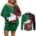 South Sydney Rabbitohs ANZAC Personalised Couples Matching Off Shoulder Short Dress and Long Sleeve Button Shirt Lest We Forget Poppy Camo