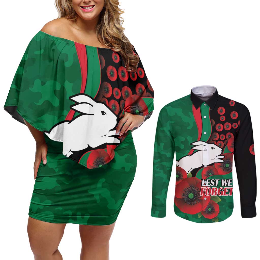 South Sydney Rabbitohs ANZAC Personalised Couples Matching Off Shoulder Short Dress and Long Sleeve Button Shirt Lest We Forget Poppy Camo
