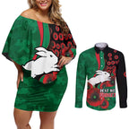 South Sydney Rabbitohs ANZAC Personalised Couples Matching Off Shoulder Short Dress and Long Sleeve Button Shirt Lest We Forget Poppy Camo