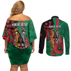 South Sydney Rabbitohs ANZAC Personalised Couples Matching Off Shoulder Short Dress and Long Sleeve Button Shirt Lest We Forget Poppy Camo