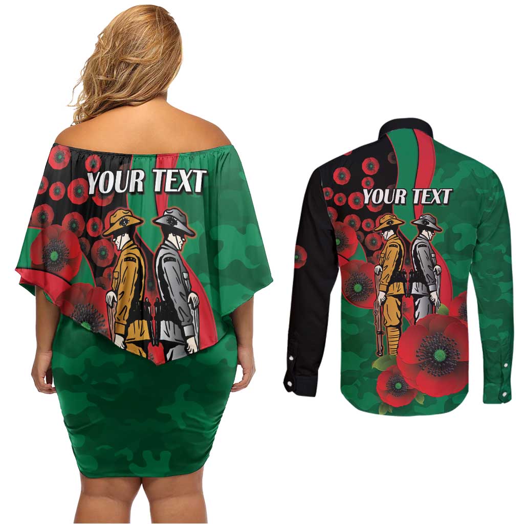 South Sydney Rabbitohs ANZAC Personalised Couples Matching Off Shoulder Short Dress and Long Sleeve Button Shirt Lest We Forget Poppy Camo