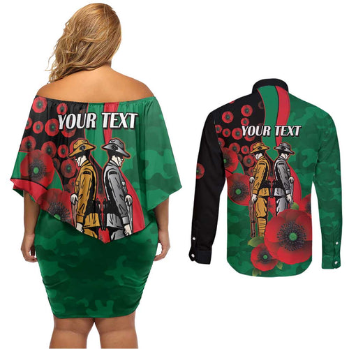 South Sydney Rabbitohs ANZAC Personalised Couples Matching Off Shoulder Short Dress and Long Sleeve Button Shirt Lest We Forget Poppy Camo