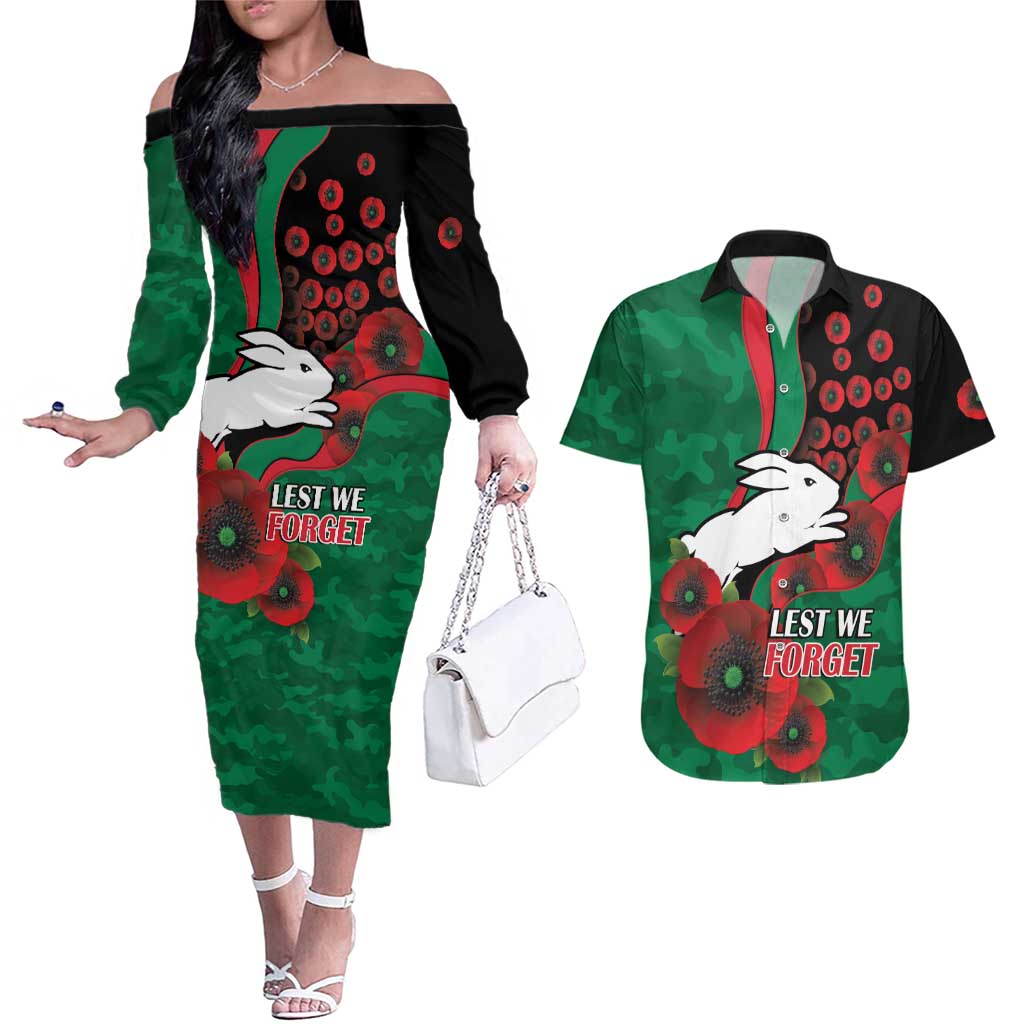 South Sydney Rabbitohs ANZAC Personalised Couples Matching Off The Shoulder Long Sleeve Dress and Hawaiian Shirt Lest We Forget Poppy Camo
