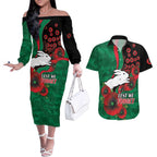 South Sydney Rabbitohs ANZAC Personalised Couples Matching Off The Shoulder Long Sleeve Dress and Hawaiian Shirt Lest We Forget Poppy Camo