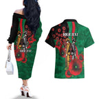 South Sydney Rabbitohs ANZAC Personalised Couples Matching Off The Shoulder Long Sleeve Dress and Hawaiian Shirt Lest We Forget Poppy Camo