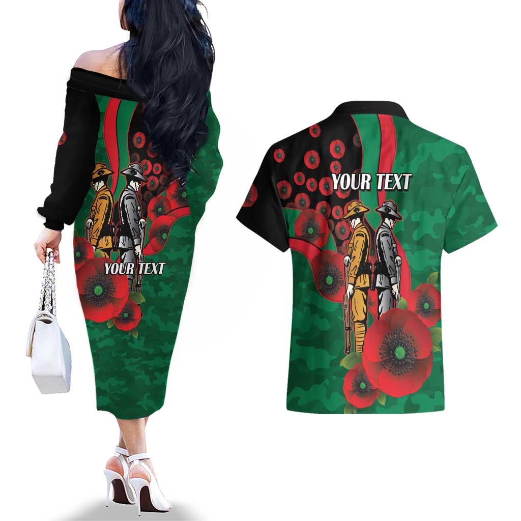 South Sydney Rabbitohs ANZAC Personalised Couples Matching Off The Shoulder Long Sleeve Dress and Hawaiian Shirt Lest We Forget Poppy Camo