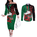 South Sydney Rabbitohs ANZAC Personalised Couples Matching Off The Shoulder Long Sleeve Dress and Long Sleeve Button Shirt Lest We Forget Poppy Camo