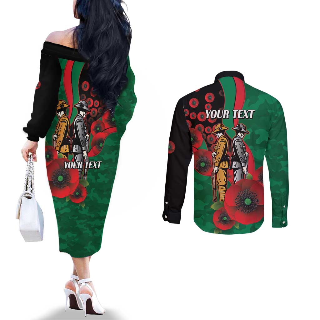 South Sydney Rabbitohs ANZAC Personalised Couples Matching Off The Shoulder Long Sleeve Dress and Long Sleeve Button Shirt Lest We Forget Poppy Camo