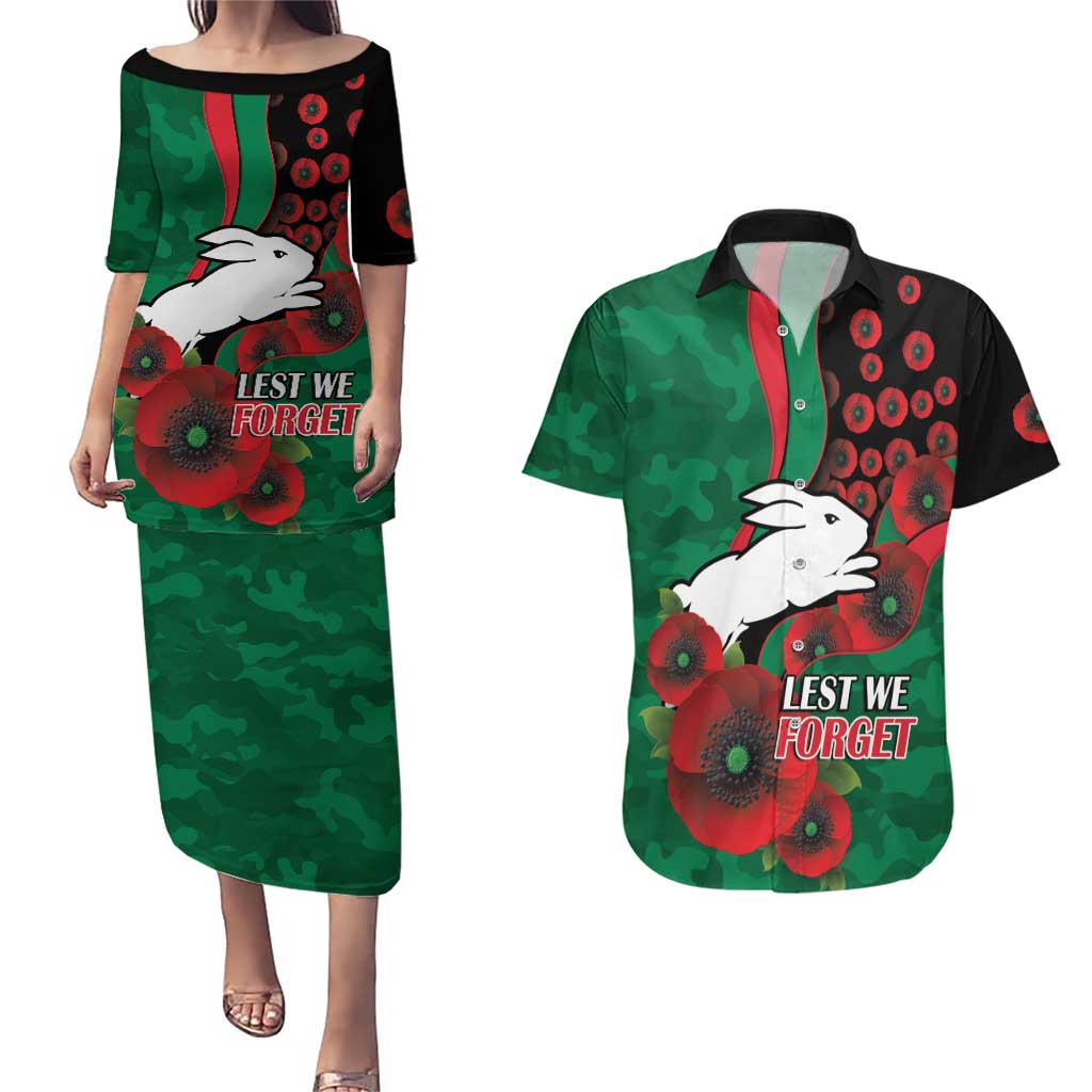 South Sydney Rabbitohs ANZAC Personalised Couples Matching Puletasi and Hawaiian Shirt Lest We Forget Poppy Camo