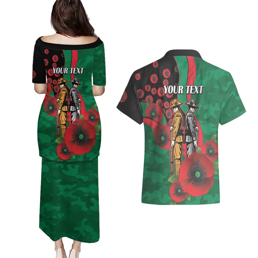South Sydney Rabbitohs ANZAC Personalised Couples Matching Puletasi and Hawaiian Shirt Lest We Forget Poppy Camo