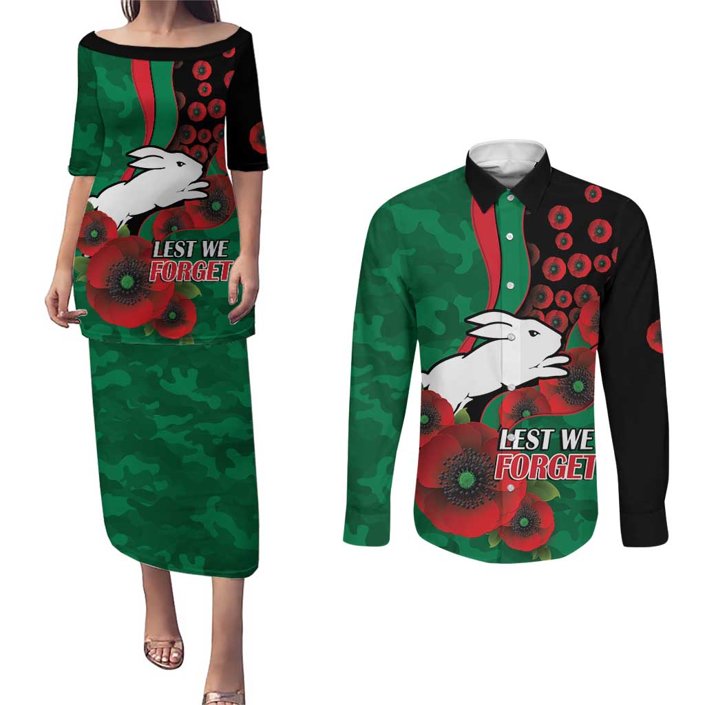 South Sydney Rabbitohs ANZAC Personalised Couples Matching Puletasi and Long Sleeve Button Shirt Lest We Forget Poppy Camo