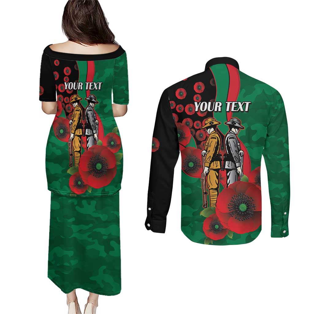 South Sydney Rabbitohs ANZAC Personalised Couples Matching Puletasi and Long Sleeve Button Shirt Lest We Forget Poppy Camo
