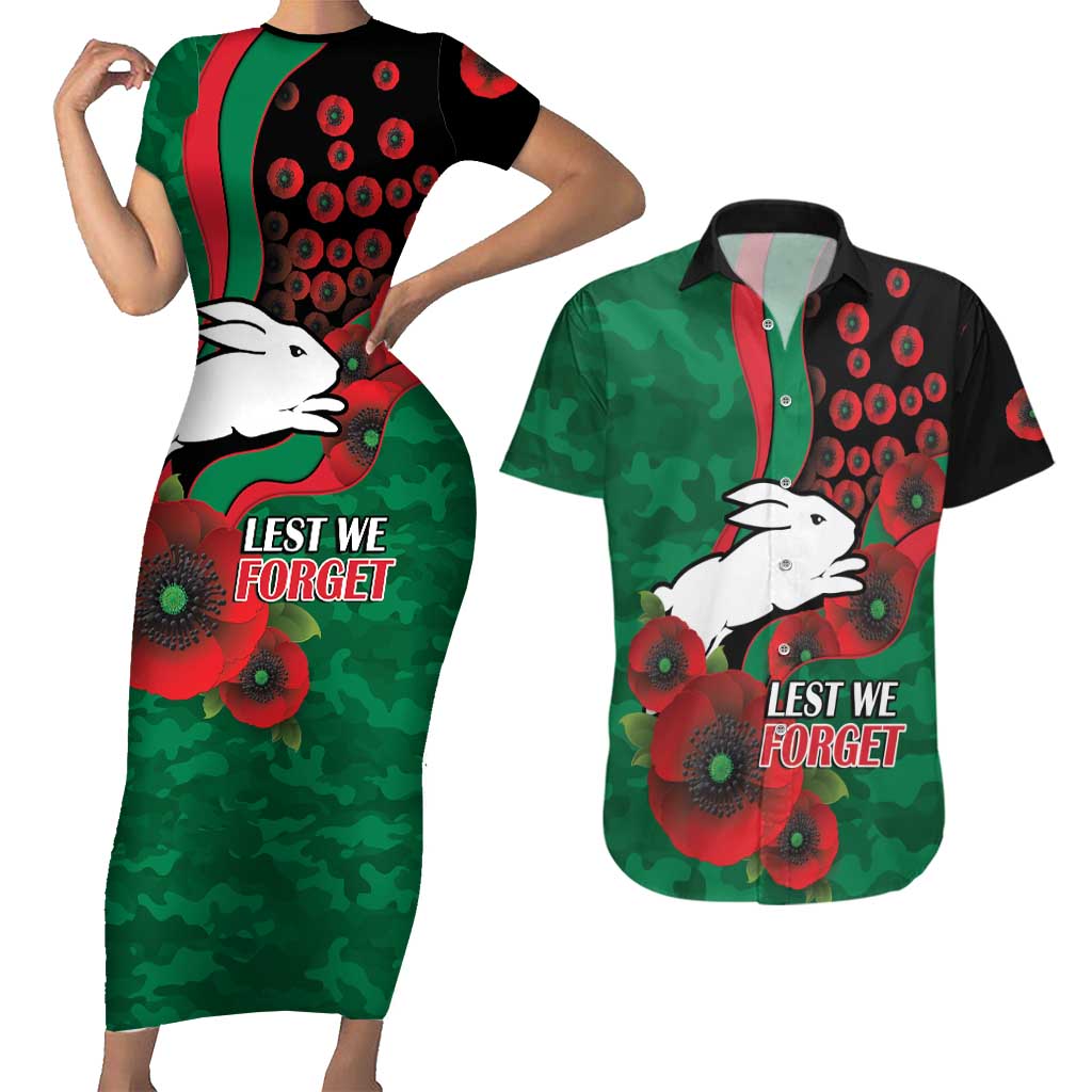 South Sydney Rabbitohs ANZAC Personalised Couples Matching Short Sleeve Bodycon Dress and Hawaiian Shirt Lest We Forget Poppy Camo