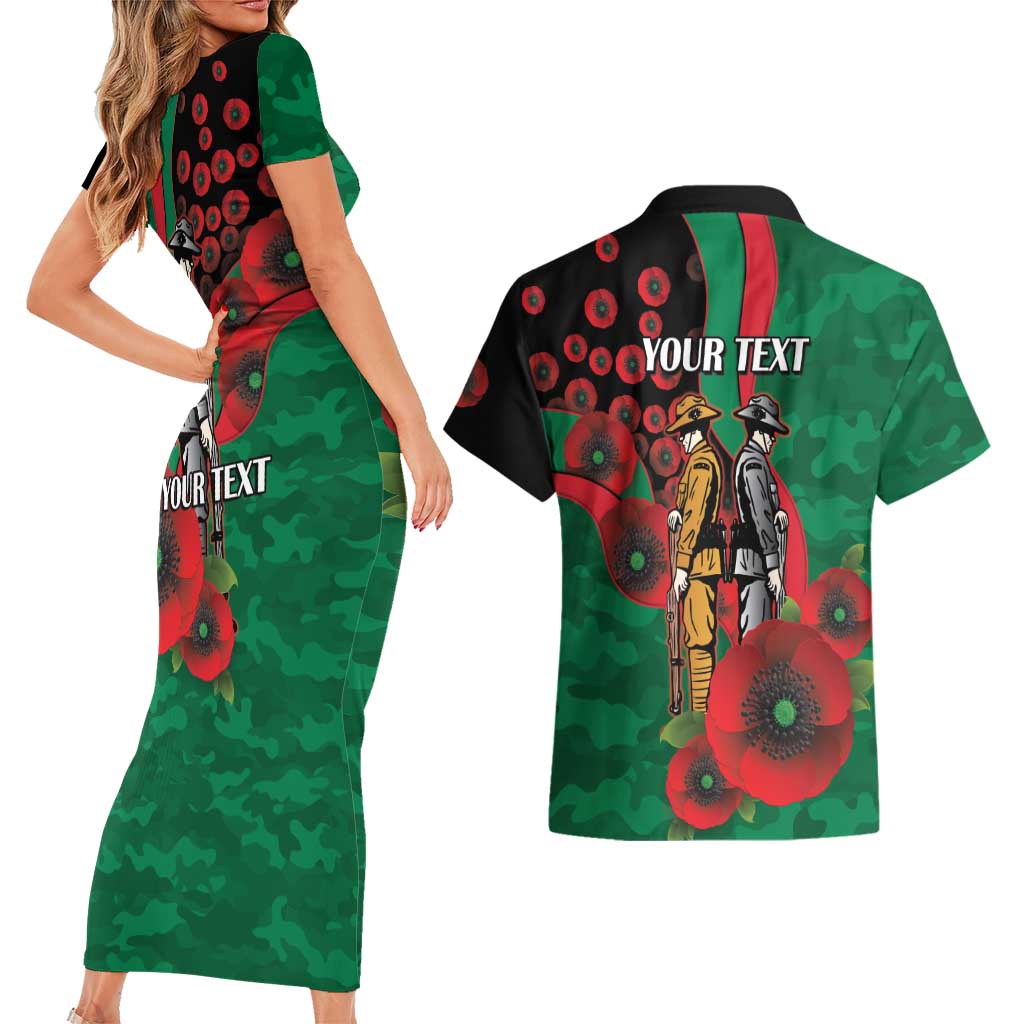 South Sydney Rabbitohs ANZAC Personalised Couples Matching Short Sleeve Bodycon Dress and Hawaiian Shirt Lest We Forget Poppy Camo