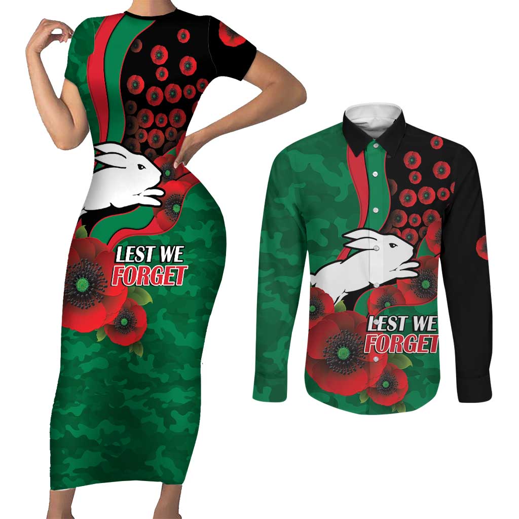 South Sydney Rabbitohs ANZAC Personalised Couples Matching Short Sleeve Bodycon Dress and Long Sleeve Button Shirt Lest We Forget Poppy Camo