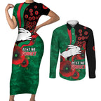 South Sydney Rabbitohs ANZAC Personalised Couples Matching Short Sleeve Bodycon Dress and Long Sleeve Button Shirt Lest We Forget Poppy Camo