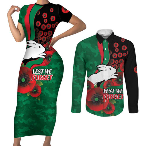 South Sydney Rabbitohs ANZAC Personalised Couples Matching Short Sleeve Bodycon Dress and Long Sleeve Button Shirt Lest We Forget Poppy Camo