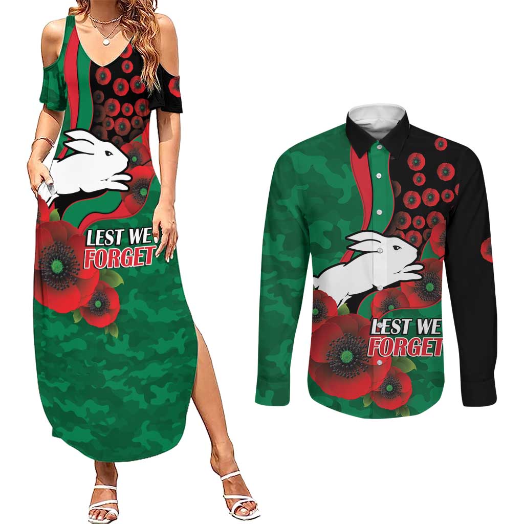 South Sydney Rabbitohs ANZAC Personalised Couples Matching Summer Maxi Dress and Long Sleeve Button Shirt Lest We Forget Poppy Camo