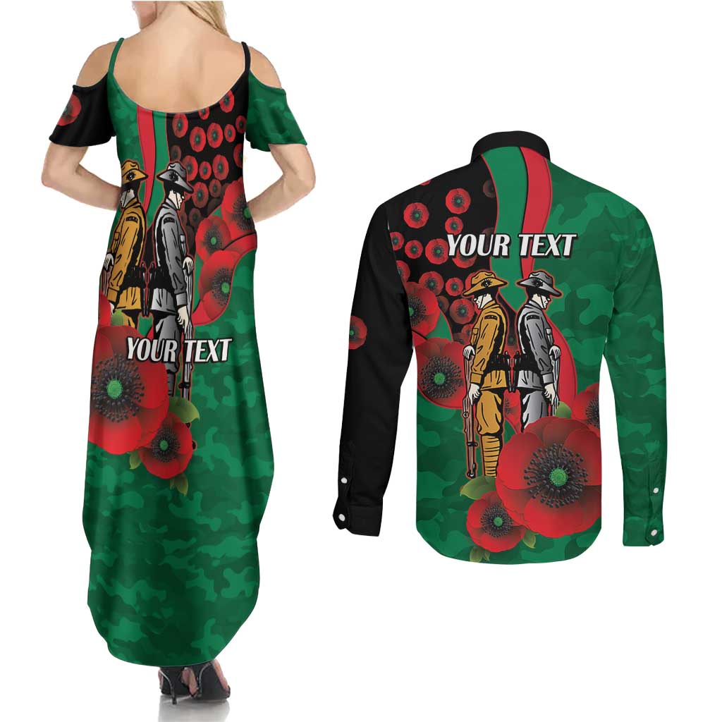 South Sydney Rabbitohs ANZAC Personalised Couples Matching Summer Maxi Dress and Long Sleeve Button Shirt Lest We Forget Poppy Camo
