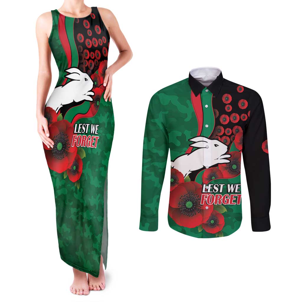 South Sydney Rabbitohs ANZAC Personalised Couples Matching Tank Maxi Dress and Long Sleeve Button Shirt Lest We Forget Poppy Camo
