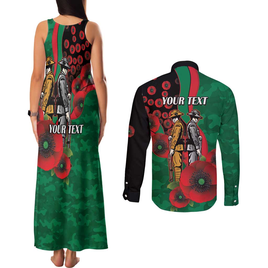 South Sydney Rabbitohs ANZAC Personalised Couples Matching Tank Maxi Dress and Long Sleeve Button Shirt Lest We Forget Poppy Camo