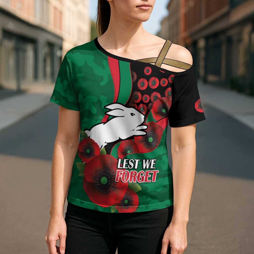 South Sydney Rabbitohs ANZAC Personalised Cross Shoulder Shirt Lest We Forget Poppy Camo
