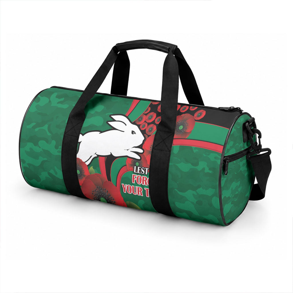 South Sydney Rabbitohs ANZAC Personalised Duffle Bag Lest We Forget Poppy Camo