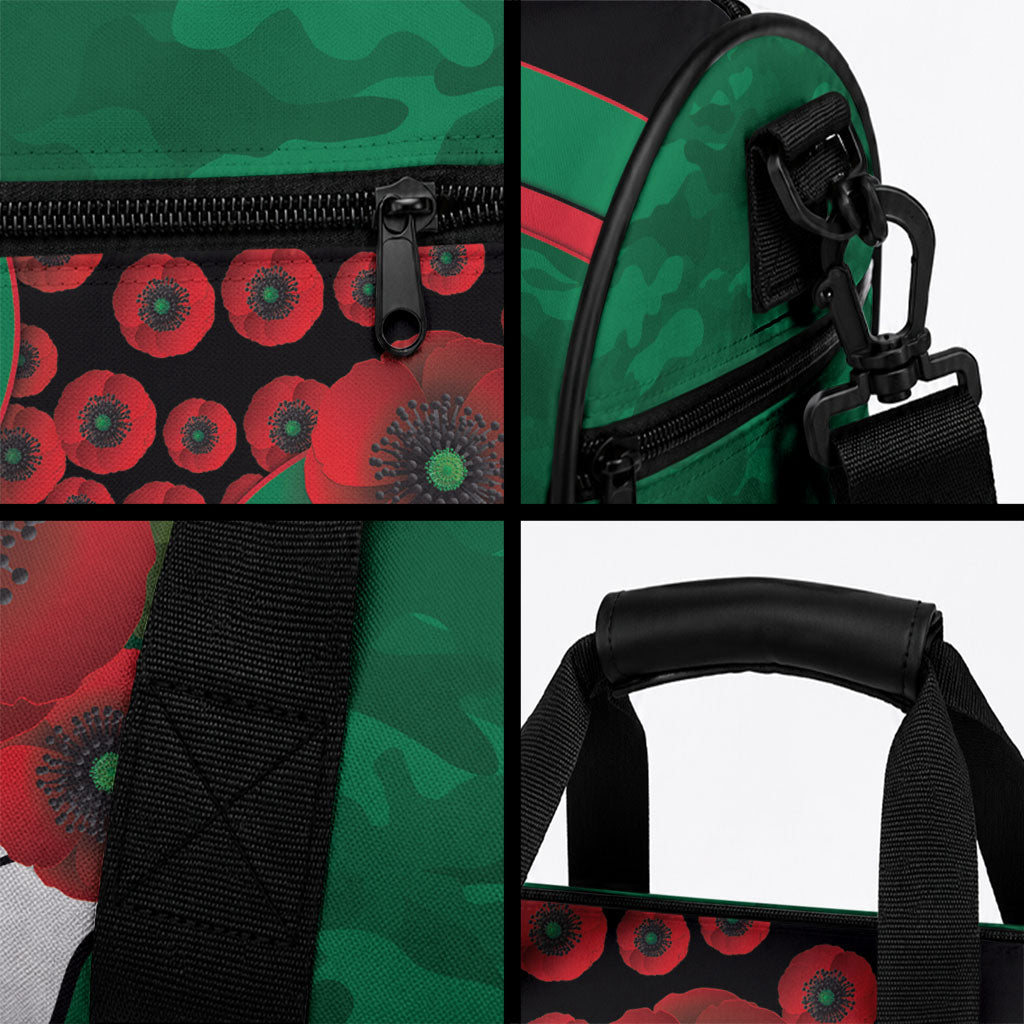 South Sydney Rabbitohs ANZAC Personalised Duffle Bag Lest We Forget Poppy Camo