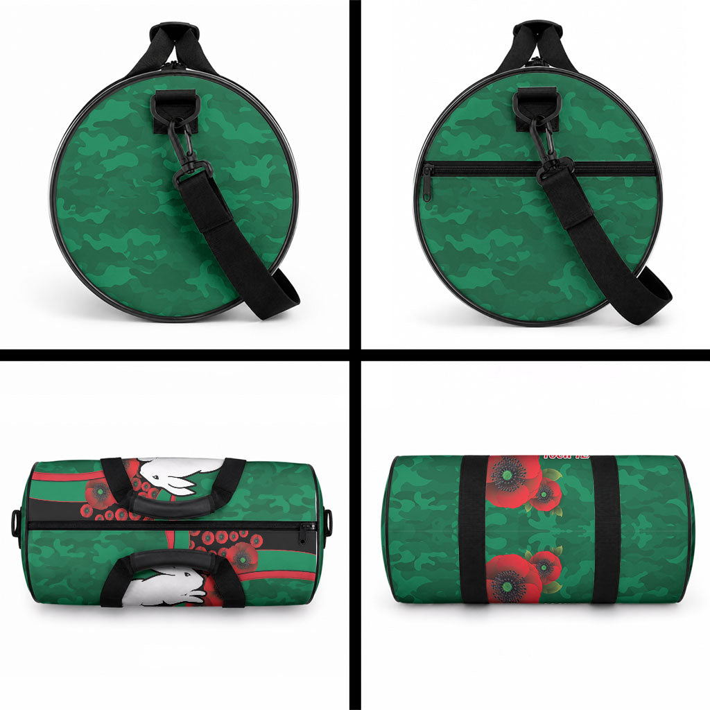 South Sydney Rabbitohs ANZAC Personalised Duffle Bag Lest We Forget Poppy Camo