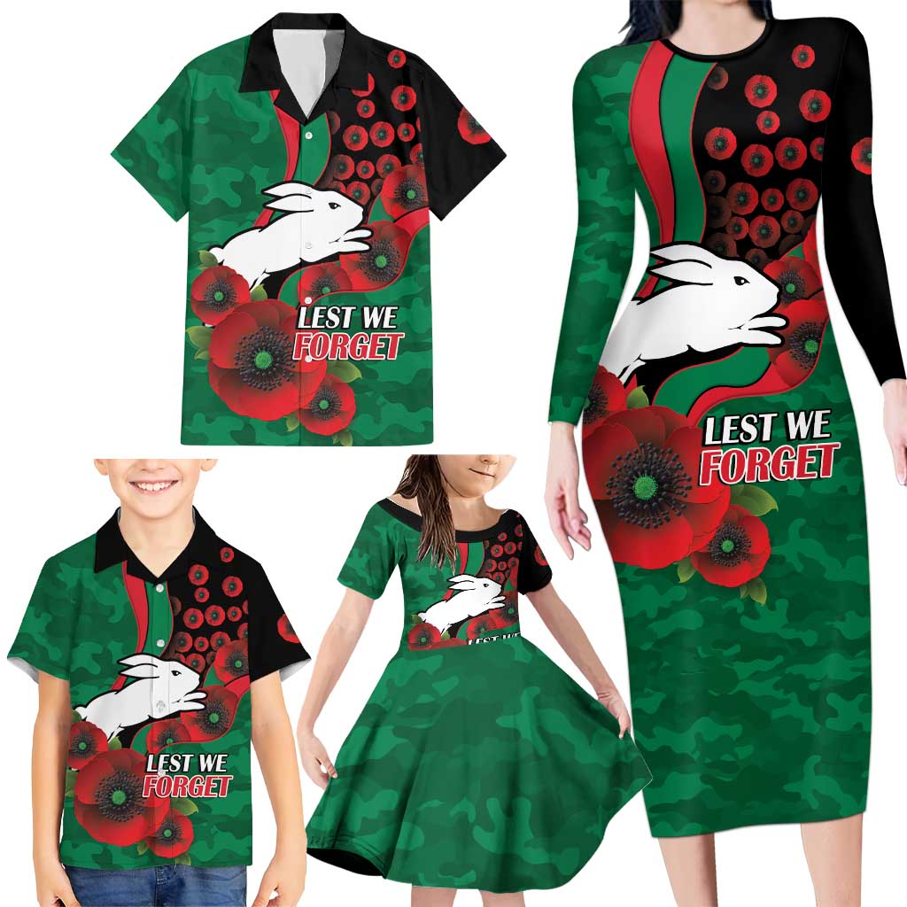 South Sydney Rabbitohs ANZAC Personalised Family Matching Long Sleeve Bodycon Dress and Hawaiian Shirt Lest We Forget Poppy Camo