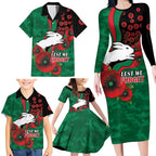 South Sydney Rabbitohs ANZAC Personalised Family Matching Long Sleeve Bodycon Dress and Hawaiian Shirt Lest We Forget Poppy Camo